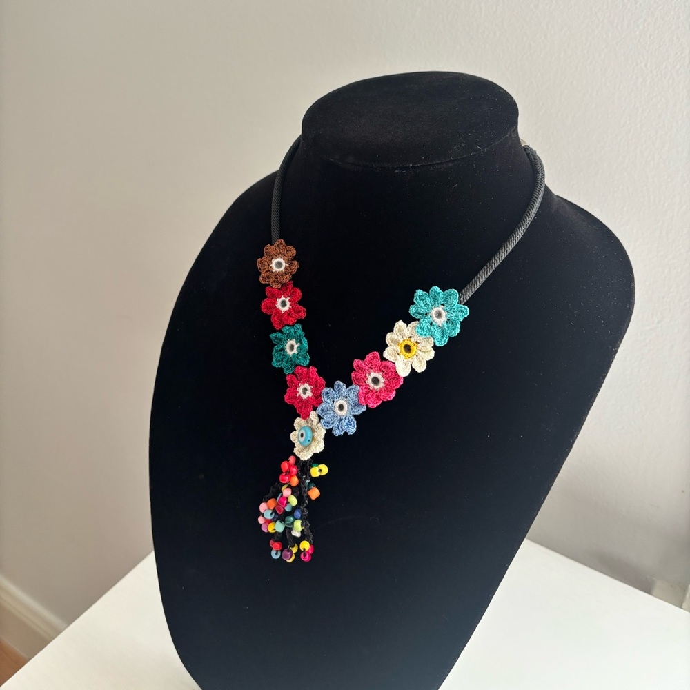 Colorful Crochet Flower Tassel Necklace - Picture 3 of 7